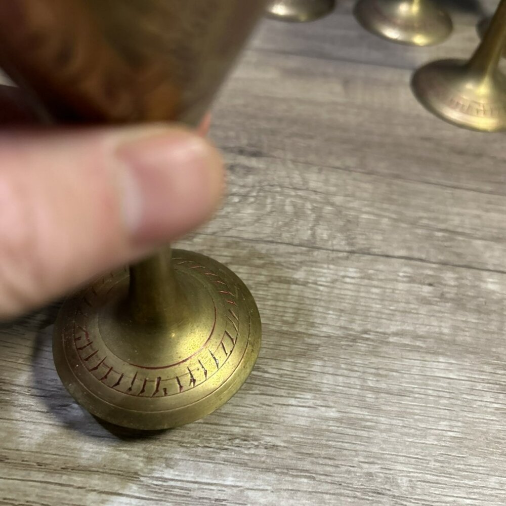 Etched Brass Wine Goblet India Table Top Decor Vintage Beware 5 Small Solid Cups - Picture 4 of 9